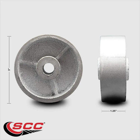 Front and side view of 3 Inch Semi Steel Cast Iron Wheel Only With 1/2 Inch Bore, Heavy Duty 350 Lb Capacity, Silver Finish.