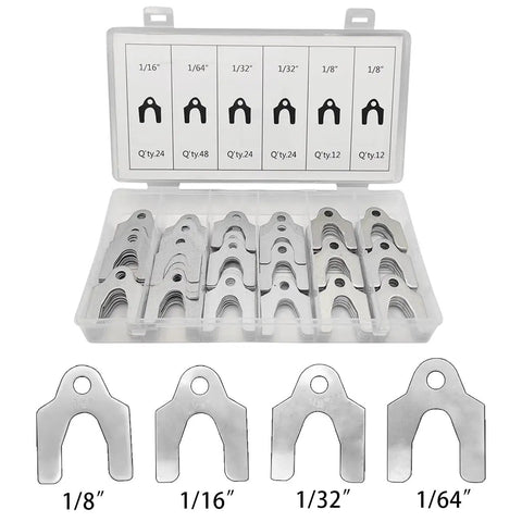 Rig Ready Auto Alignment Body Shims And Camber Tuning Kit With Sturdy Storage Case 144 Pieces Galvanized Steel Adjusters in a plastic organizer.