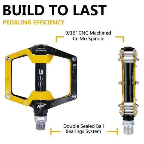 Yellow And Black Aluminum Mountain Bike Pedals Flat Pedals For MTB And BMX With Removable Non Slip Studs Nine Sixteenths Inch Spindle Durable Platform Pedal For Trail Riding And Freestyle side and front view, highlighting spindle and bearings.