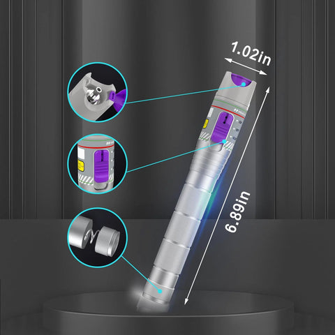 Fiber optic visual fault locator, purple with silver body, angled view, supports FC/ST/SC/LC interfaces, Amazon BISS
