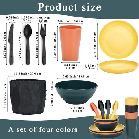 Camping Mess Kit For Four With Plates Bowls Cups Utensils And Carry Bag Food Grade Plastic Outdoor Dinnerware Gear sizes