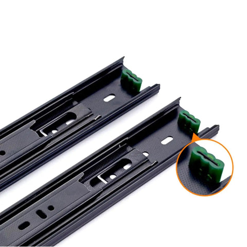 Heavy Duty Steel Ball Bearing Drawer Slides Pair Soft Close Kitchen Cabinet Hardware Zero Slam Overload Protection showing steel tracks with green stops.