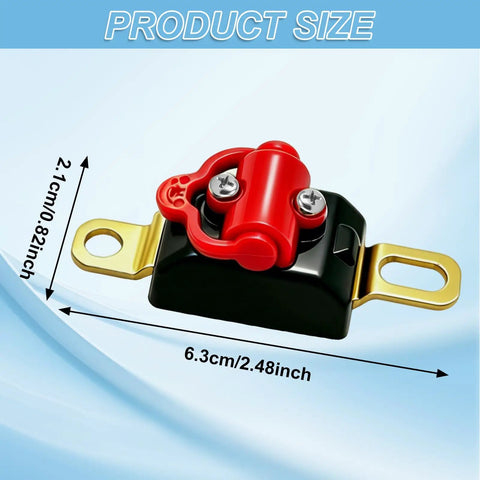 Heavy Duty Pure Copper Motorcycle Battery Cut Off Switch With 100A Breaker Hella Reliable Disconnect Isolator shown with product dimensions.
