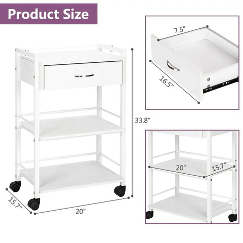 Rolling Salon Trolley Cart With Wheels And Two Open Trays Plus A Drawer Wooden Mobile Storage Station For Beauty Spa Nails Tattoos Facials Pro Grade Acetone Resistant Finish Ergonomic Handles Easy Glide White And Clean
