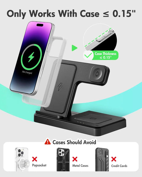 3 In 1 Wireless Charging Station For iPhone Watch And AirPods Fast Drop In Charger Stand with phone case compatibility guide
