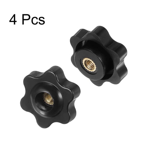 Set Of 4 Black Star Knobs With M4 Female Thread, 25mm Head, Through Hole Brass Insert, Plastic Clamping Hand Knobs For Machinery