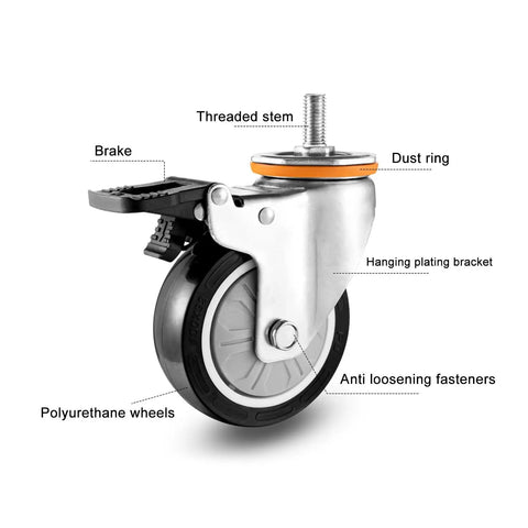 Rugged PU Swivel Casters With Brakes For Furniture Workbenches And Carts Industrial Plate Wheels With 360 Degree Swivel And Double Ball Bearings.