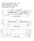 Rock Solid Mini Linear Rail Slide Actuator Pair With Nema 28 Stepper Motors And Heavy Duty Diy Cnc Router Xyz Stage With Tscrew Rods dimensions diagram showing effective travel, diameter, and pitch.