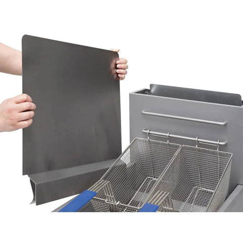 Two Pack Heavy Duty Fryer Splash Guard Kit 20.5 By 15 Inches Universal Fit 18 Gauge Stainless Steel installation shown.