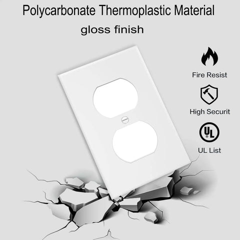 Durable Duplex Wall Plate 1-Gang Switch And Outlet Cover In White Unbreakable Thermoplastic Faceplate displayed on cracked surface