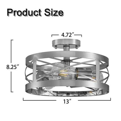 Sleek Modern 3 Light Semi Flush Mount Ceiling Light Brushed Nickel 13 Inch Round Drum Shade Fixture dimensions illustration