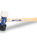 Pro Grade 24 Oz Soft Face Rubber Mallet With Replaceable 2 Inch Non Marring White Tips Made In USA White And Black RM24 VN19510 Heavy Duty Hammer For Woodworking Assembly Auto Body And Flooring Projects, featuring a wooden handle and dual-color tips for versatile use.