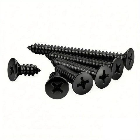 Pro Grade 304 Stainless Steel Self Tapping Screws For Wood And Sheet Metal 100 Pack flat head Phillips drive screws laying at an angle.