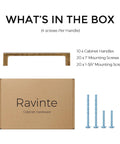 10 Pack Solid 5 Inch Square Cabinet Handles Antique Brass Pulls with screws, shown in packaging from Ravinte Cabinet Hardware