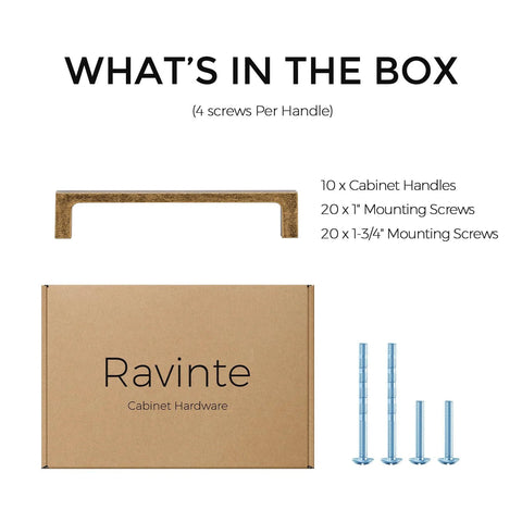 10 Pack Solid 5 Inch Square Cabinet Handles Antique Brass Pulls with screws, shown in packaging from Ravinte Cabinet Hardware
