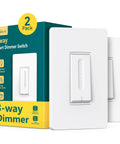 Product box and two white switches of 2 Pack 3 Way Smart Dimmer Switch Set For Home Lighting, 2 Master Dimmers, Dimmable LED Compatible, 2.4GHz WiFi Works With Alexa And Google Assistant, Neutral Wire Required, No Hub Needed, Easy Install