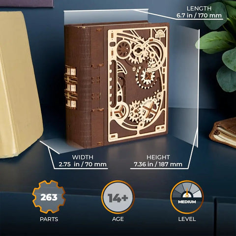 Wooden 3D Puzzle Box For Adults With Steampunk Combination Lock, Book Of Secrets DIY Mechanical Puzzle Kit, Interactive Brain Teaser With 263 Pieces, Medium Difficulty, Buildable Model For Curious Hands On. 7.36 x 6.7 x 2.75 in
