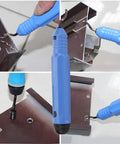 Heavy Duty Deburring Tool Kit For 3D Printers With Durable Alloy Construction And Ergonomic Grip, blue handle in use on metal parts.