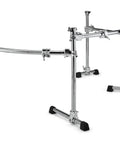 Curved Three Sided Drum Rack With Four Heavy Duty T Legs And Straight Up Secure Multi Clamp Mounts For Killer Pro Gig Rig Setup Ultimate Stability For Backstage And Home Studio Sessions, chrome finish, stable T leg design.