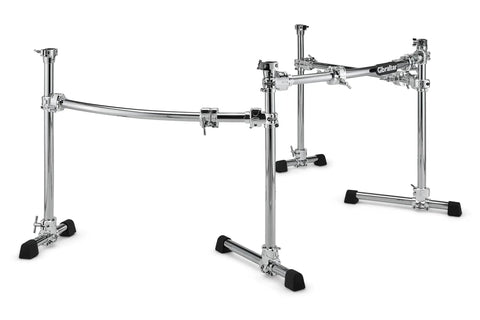 Curved Three Sided Drum Rack With Four Heavy Duty T Legs And Straight Up Secure Multi Clamp Mounts For Killer Pro Gig Rig Setup Ultimate Stability For Backstage And Home Studio Sessions, chrome finish, stable T leg design.