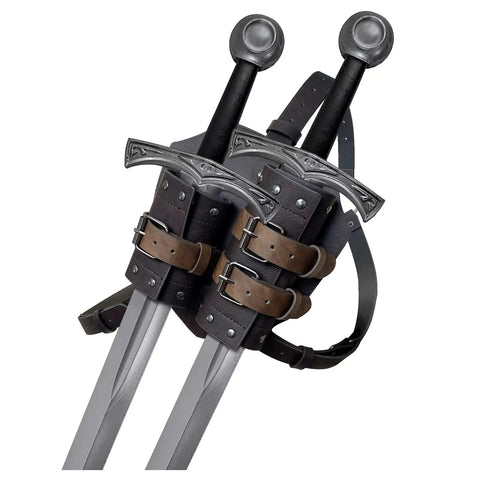 Medieval Faux Leather Double Back Sword Frog For Mercenary Cosplay Dope Adjustable Back Sword Holster With Classic Buckles Larp Ready Middle Ages Gear Brown A showing two swords in brown faux leather holders with brass buckles.