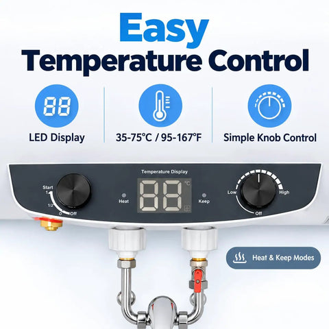 Easy temperature control interface of Heavy Duty Wall Mounted Electric Water Heater With 18.5 Gallon Tank And 1500 Watt Fast Heat Coil.