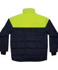 Back view of Heavy Duty Insulated Freezer Jacket Tailored To Brutal Cold Storage Jobs in navy and high visibility yellow.