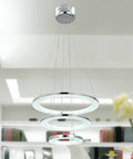 Nature White LED Acrylic Pendant Light Fixture With Three Ring Design For Dining Room And Kitchen Island, chrome finish, adjustable height