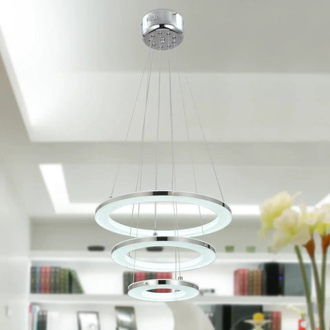 Nature White LED Acrylic Pendant Light Fixture With Three Ring Design For Dining Room And Kitchen Island, chrome finish, adjustable height