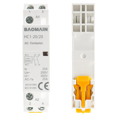 Front and side view of AC Contactor 230V 20A 2 Pole 2NO Din Rail Mount Magnetic Contactor for industrial control panels and automation systems