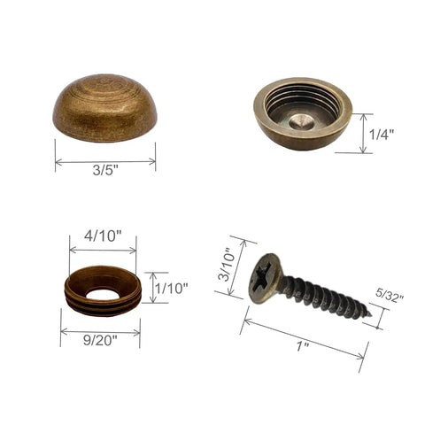 8 Piece Pure Brass Decorative Screws With Matching Caps And Washers, showing caps, washers, and a screw with measurements.