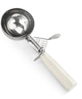 Thumb-Press Food Disher Ice Cream Scoop 4.67 Oz Size 6 White, 18/8 Stainless Steel, NSF Certified Portioner with white handle.