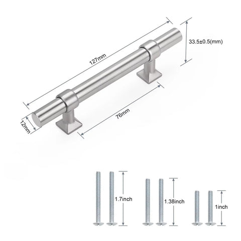 Diagram of a 5 Pack 3 Inch Brushed Nickel Cabinet Pulls Stainless Steel T Bar Handles With Solid Zinc Alloy Base, showing dimensions and screws.