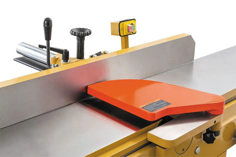 12 Inch Cast Iron Jointer Featuring Parallelogram Frame Design And Triple High Speed Steel Straight Knife Head 3Hp 230V Motor control panel and infeed table.