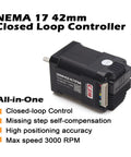 NEMA 17 42mm Closed Loop Controller showing side view of Beefy Integrated Closed Loop Stepper Motor With Pulse Direction Control Interface Built In Encoder Motion Controller And Driver For CNC And 3D Printers 0.43Nm Torque 1.7A 24 To 48VDC Plug And Play Ready with features listed