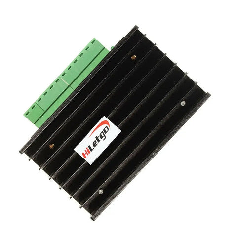 Top view of TB6600 Stepper Motor Driver Controller With 32 Segments 9 To 40V DC 4A Max Drive, black heatsink with green terminal