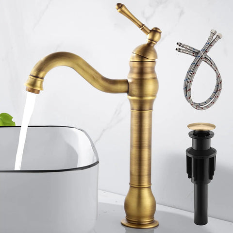 Antique Brass Vessel Sink Faucet With 360 Degree Swivel Spout Tall Brushed Brass Lavatory Vanity Mixer Single Handle Hot Cold Water No Splash Filtered Bubbler Pop Up Drain Deck Mount