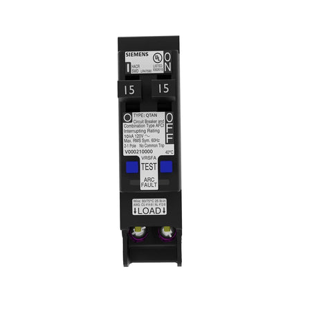 Front view of 15 Amp 120 Volt Tandem CAFCI Circuit Breaker 1 Pole Type QTAN with LED indicators and Insta Wire connectors visible
