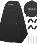 Easy Pop Up Privacy Shower Tent For Camping shown with carry bag, ropes, and stakes, size 39x39x75 inches