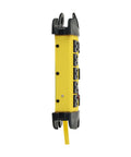 Side view of Garage-Grade Heavy-Duty Power Strip with GFCI, 8 outlets, 25 foot cord, yellow metal housing, industrial workbench ready.
