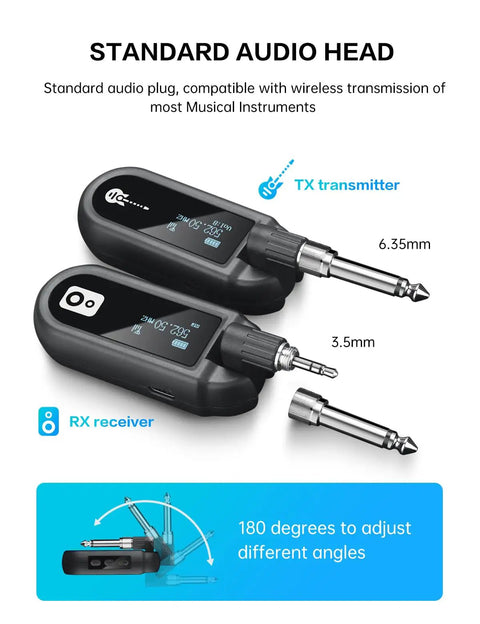 UHF Wireless Guitar System With Rechargeable Transmitter And Receiver, 20 Channel Band showcasing TX transmitter and RX receiver.