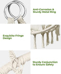 Macrame Hammock Chair With Super Comfy Cloud Cushion showing metal ring, fringe design, and sturdy conjunction detail