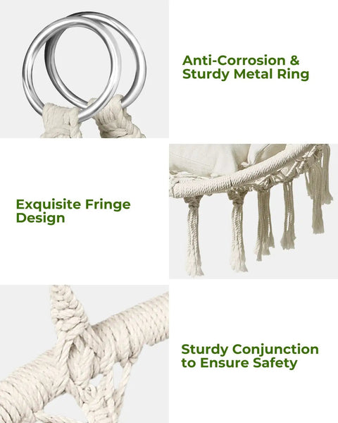 Macrame Hammock Chair With Super Comfy Cloud Cushion showing metal ring, fringe design, and sturdy conjunction detail