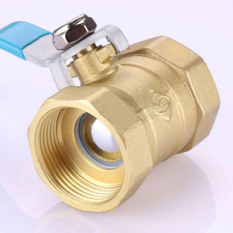 Heavy Duty Solid Brass Ball Valve With Double Internal Thread One Point Five Inch Straight Through Shut Off For Plumbing Lines detailing valve face and threads.