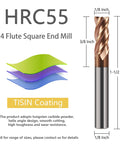 5 Pcs Carbide Square End Mills One Eighth Inch Shank 4 Flute CNC Milling Bits TiSiN Coated, dimensions and coating details shown