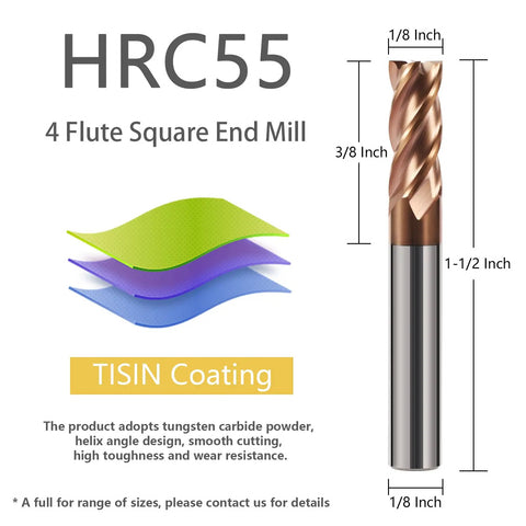 5 Pcs Carbide Square End Mills One Eighth Inch Shank 4 Flute CNC Milling Bits TiSiN Coated, dimensions and coating details shown