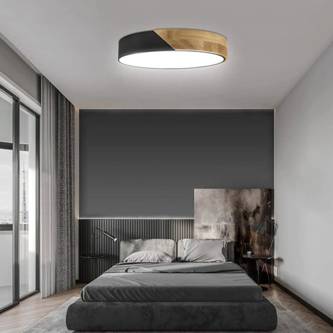 Wood Round Flush Mount Ceiling Light 12 Inch 24W Not Dimmable Natural White 4500K LED Fixture for modern bedroom, ultra bright