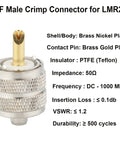 UHF Male PL259 Crimp Connector for LMR240 RG8X Coax Cable with brass nickel plated body and gold-plated pin, technical specs shown