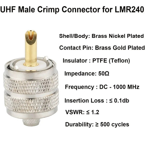 UHF Male PL259 Crimp Connector for LMR240 RG8X Coax Cable with brass nickel plated body and gold-plated pin, technical specs shown