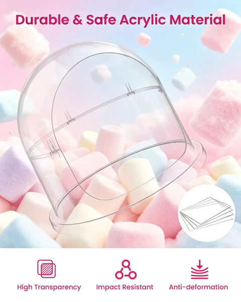 15 Inch Cotton Candy Machine Cover With Transparent Acrylic Dome For 15 Inch Bowls, Detachable Design, floating over pastel candies
